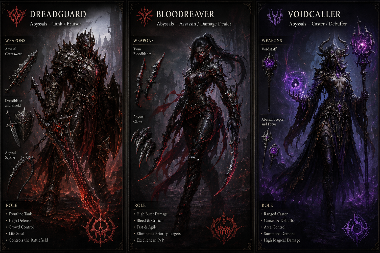 Abyssals class concept art: Dreadguard, Bloodreaver and Voidcaller